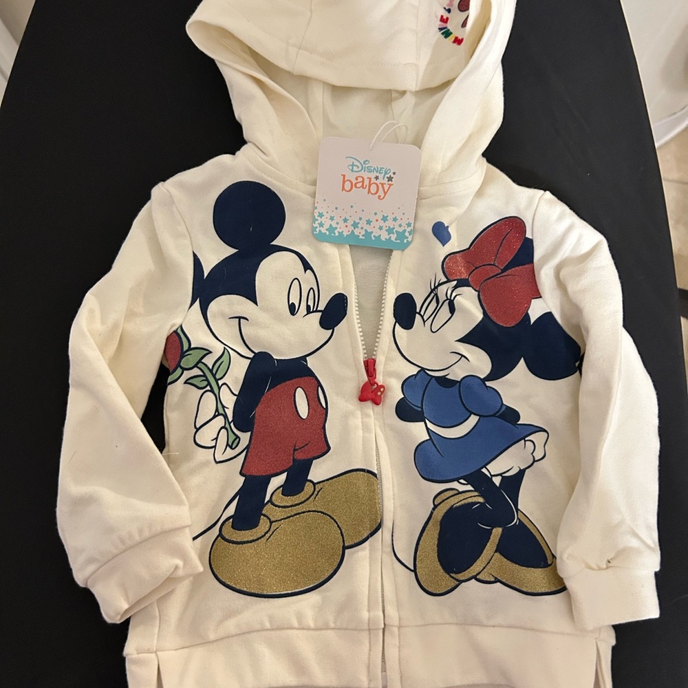 New With Tags Disney Baby  Cream Hoodie with Mickey and Minnie 9-12 Months